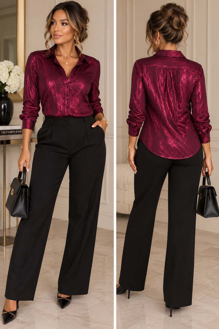Opulent Romance Burgundy Satin Blouse Y2K Glam RedHot Plus Size 20W